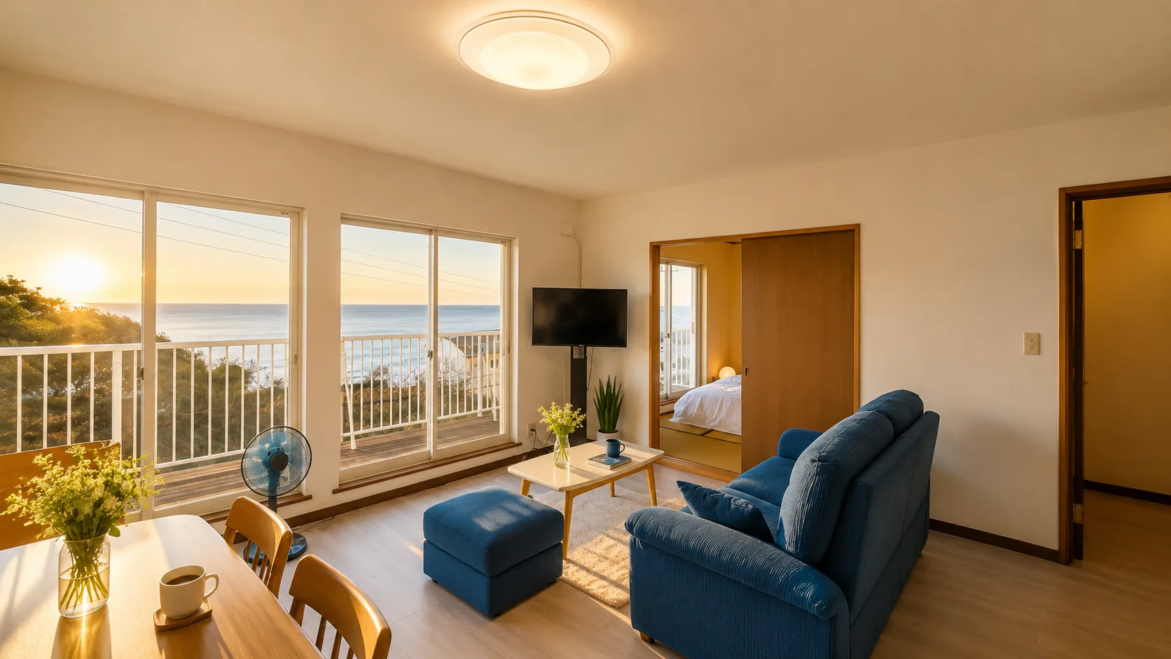 Ocean-view living room at golden hour — SORA Blue House, Japan beach house
