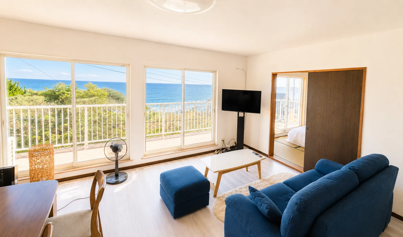 SORA Blue House — ocean-view living room, private beach house near Tokyo, Japan